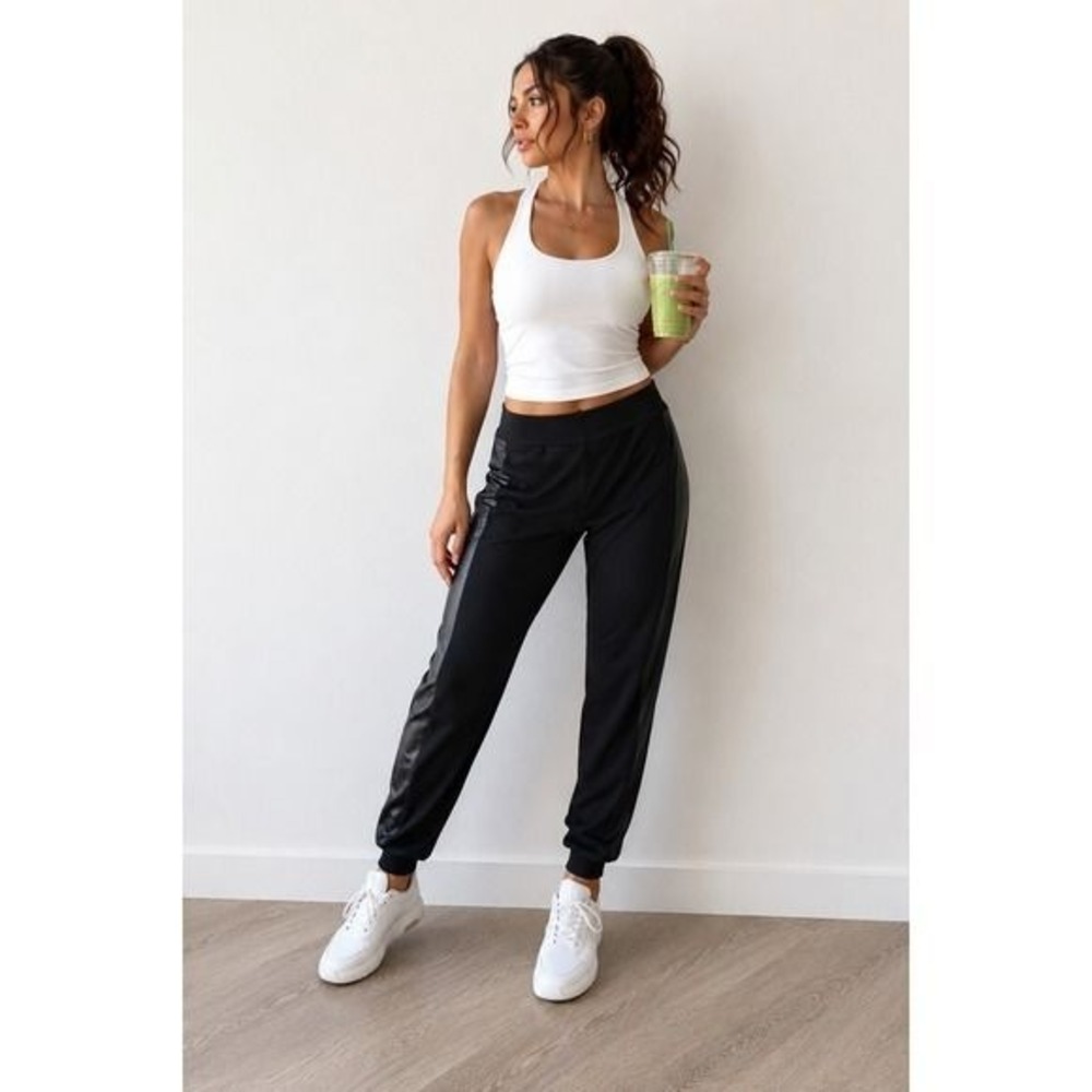 Black Faux Leather Trim Jogger Pants XL Chic Stretch‎ Pull On Casual Pants